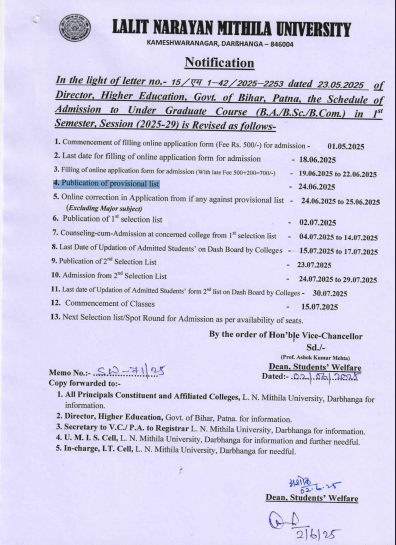 LNMU UG Provisional Merit List 2025 - Download Selection List, Pdf File 2 LNMU UG Admission Schedule